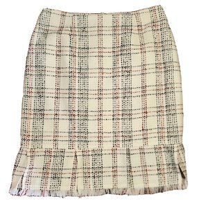 WORTHINGTON White Red Black Tweed Zip Back Fringe Pencil Skirt Womens Size 6